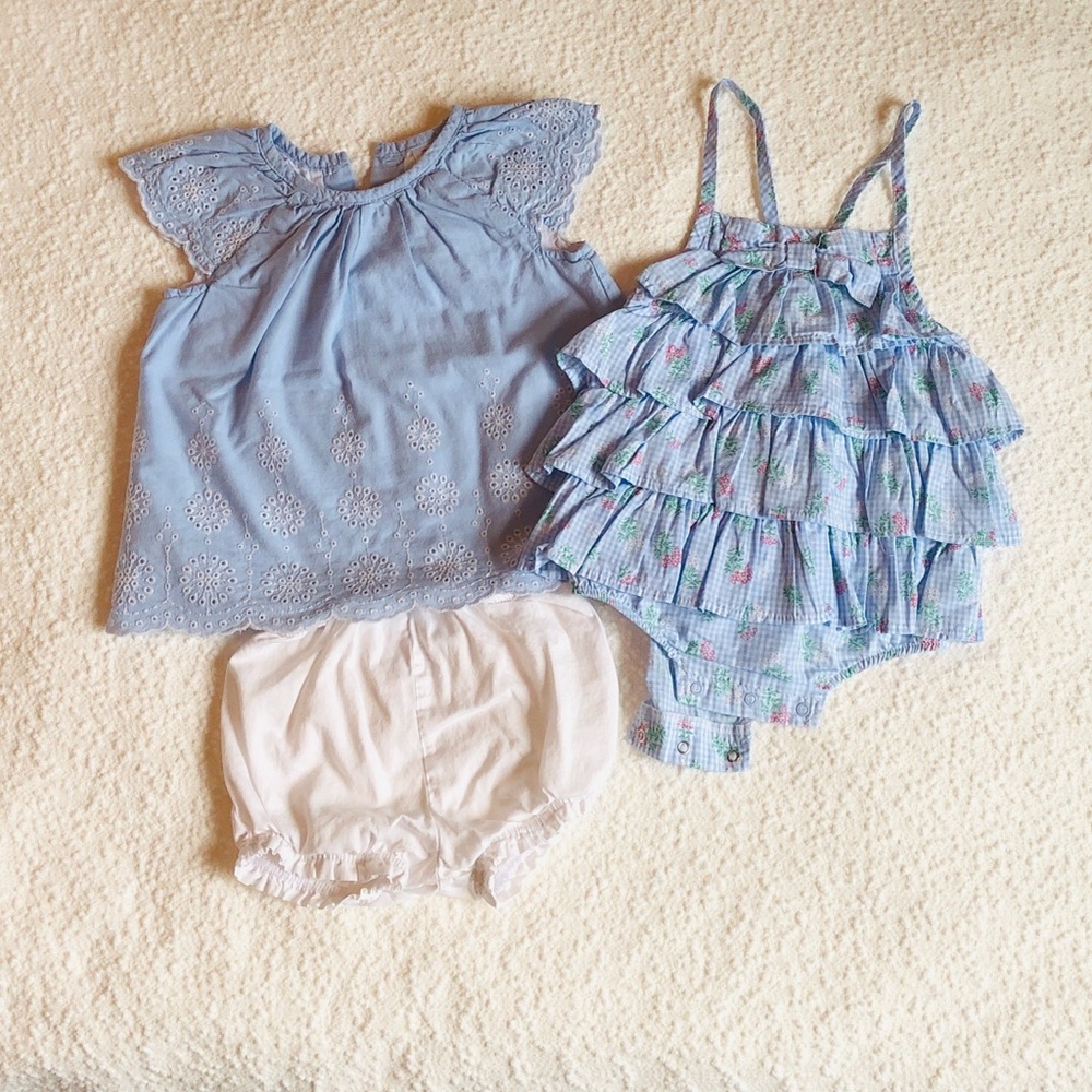 EUC Girly Spring Summer Pastel Blue Top, Shorts/bloomers, and Romper Size 18M